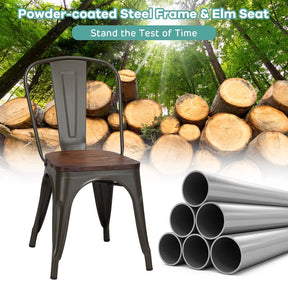 Set of 4 Tolix Style Metal Dining Chairs, 18" Stackable Bistro Cafe Side Chairs with Wood Seat & High Backrest for Home Kitchen Bar Use