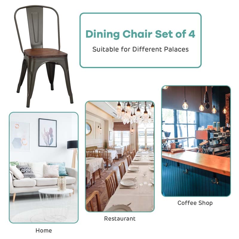 Set of 4 Tolix Style Metal Dining Chairs, 18" Stackable Bistro Cafe Side Chairs with Wood Seat & High Backrest for Home Kitchen Bar Use