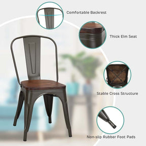 Set of 4 Tolix Style Metal Dining Chairs, 18" Stackable Bistro Cafe Side Chairs with Wood Seat & High Backrest for Home Kitchen Bar Use
