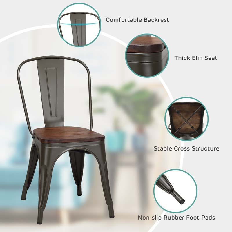 Set of 4 Tolix Style Metal Dining Chairs, 18" Stackable Bistro Cafe Side Chairs with Wood Seat & High Backrest for Home Kitchen Bar Use