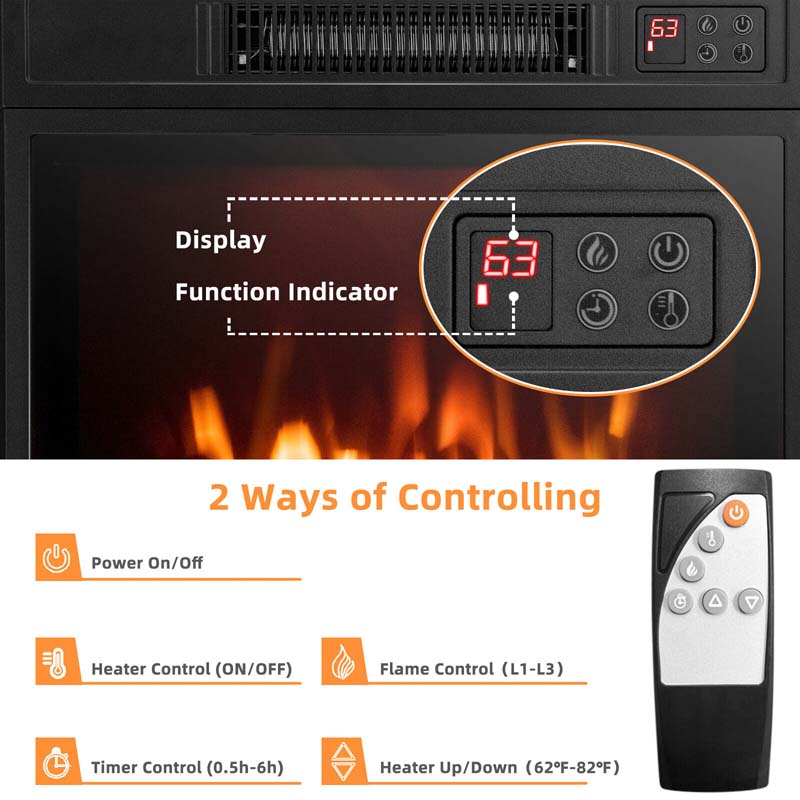 18" Recessed Electric Fireplace Insert, 1400W Freestanding & Wall-Mounted Fireplace Heater with Adjustable 3D Flame & Remote Control