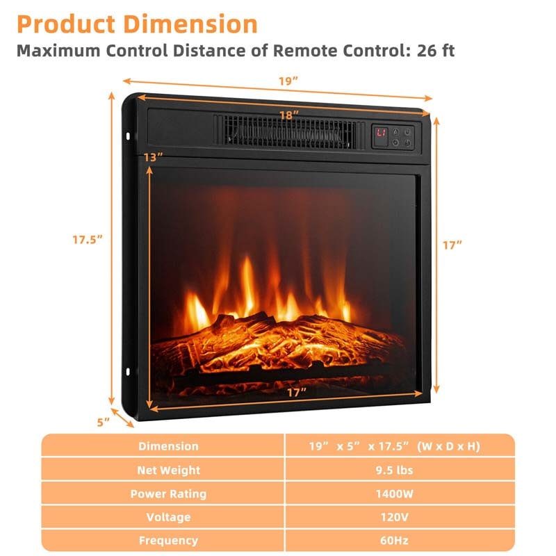 18" Recessed Electric Fireplace Insert, 1400W Freestanding & Wall-Mounted Fireplace Heater with Adjustable 3D Flame & Remote Control