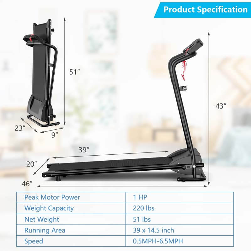 1 HP Folding Electric Treadmill, Portable Motorized Walking Running Machine with LCD Monitor & Cup Holder for Home Office