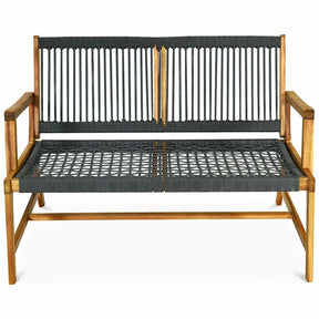 2-Person Acacia Wood Rope Bench Loveseat Chair, Outdoor Patio Garden Park Bench in Teak Oil Finish