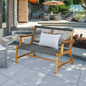 2-Person Acacia Wood Rope Bench Loveseat Chair, Outdoor Patio Garden Park Bench in Teak Oil Finish