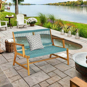 2-Person Acacia Wood Rope Bench Loveseat Chair, Outdoor Patio Garden Park Bench in Teak Oil Finish
