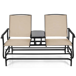 2-Person Outdoor Glider Bench with Center Table, Mesh Fabric Patio Double Rocking Loveseat Chair for Backyard, Poolside