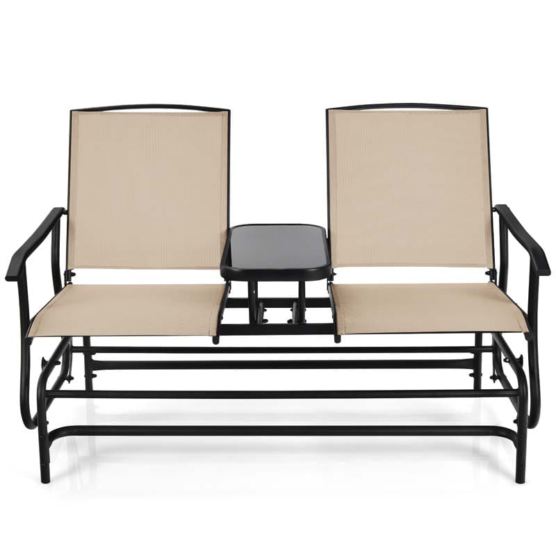 2-Person Outdoor Glider Bench with Center Table, Mesh Fabric Patio Double Rocking Loveseat Chair for Backyard, Poolside
