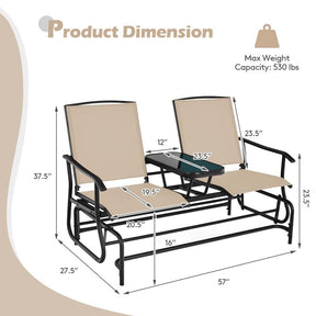 2-Person Outdoor Glider Bench with Center Table, Mesh Fabric Patio Double Rocking Loveseat Chair for Backyard, Poolside