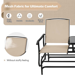 2-Person Outdoor Glider Bench with Center Table, Mesh Fabric Patio Double Rocking Loveseat Chair for Backyard, Poolside