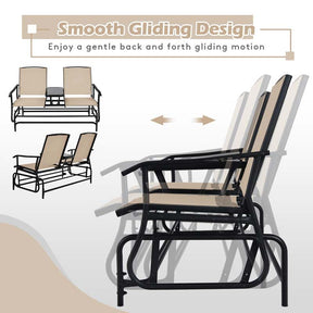 2-Person Outdoor Glider Bench with Center Table, Mesh Fabric Patio Double Rocking Loveseat Chair for Backyard, Poolside