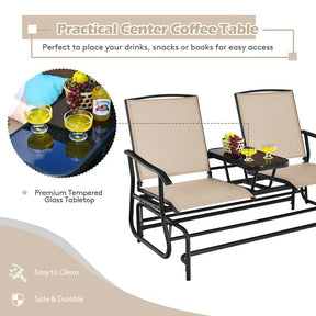 2-Person Outdoor Glider Bench with Center Table, Mesh Fabric Patio Double Rocking Loveseat Chair for Backyard, Poolside