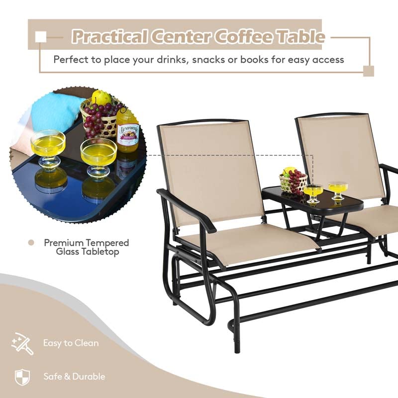 2-Person Outdoor Glider Bench with Center Table, Mesh Fabric Patio Double Rocking Loveseat Chair for Backyard, Poolside
