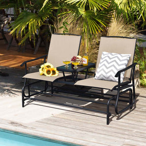 2-Person Outdoor Glider Bench with Center Table, Mesh Fabric Patio Double Rocking Loveseat Chair for Backyard, Poolside