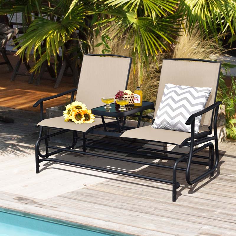 2-Person Outdoor Glider Bench with Center Table, Mesh Fabric Patio Double Rocking Loveseat Chair for Backyard, Poolside