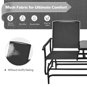 2-Person Outdoor Glider Bench with Center Table, Mesh Fabric Patio Double Rocking Loveseat Chair for Backyard, Poolside