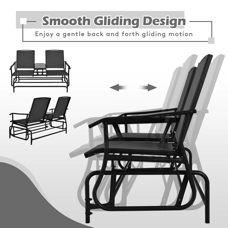 2-Person Outdoor Glider Bench with Center Table, Mesh Fabric Patio Double Rocking Loveseat Chair for Backyard, Poolside