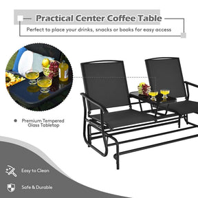 2-Person Outdoor Glider Bench with Center Table, Mesh Fabric Patio Double Rocking Loveseat Chair for Backyard, Poolside
