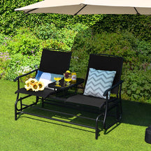2-Person Outdoor Glider Bench with Center Table, Mesh Fabric Patio Double Rocking Loveseat Chair for Backyard, Poolside
