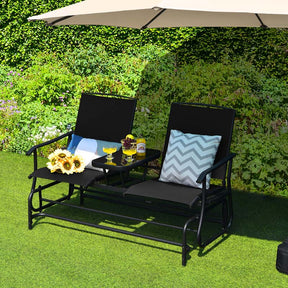 2-Person Outdoor Glider Bench with Center Table, Mesh Fabric Patio Double Rocking Loveseat Chair for Backyard, Poolside