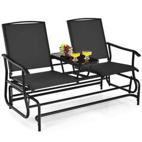 2-Person Outdoor Glider Bench with Center Table, Mesh Fabric Patio Double Rocking Loveseat Chair for Backyard, Poolside