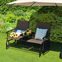 2-Person Outdoor Glider Bench with Center Table, Mesh Fabric Patio Double Rocking Loveseat Chair for Backyard, Poolside