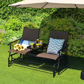 2-Person Outdoor Glider Bench with Center Table, Mesh Fabric Patio Double Rocking Loveseat Chair for Backyard, Poolside