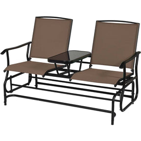 2-Person Outdoor Glider Bench with Center Table, Mesh Fabric Patio Double Rocking Loveseat Chair for Backyard, Poolside