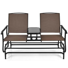 2-Person Outdoor Glider Bench with Center Table, Mesh Fabric Patio Double Rocking Loveseat Chair for Backyard, Poolside