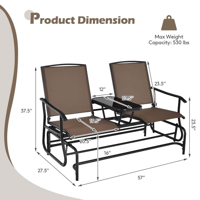 2-Person Outdoor Glider Bench with Center Table, Mesh Fabric Patio Double Rocking Loveseat Chair for Backyard, Poolside