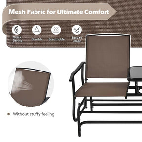 2-Person Outdoor Glider Bench with Center Table, Mesh Fabric Patio Double Rocking Loveseat Chair for Backyard, Poolside