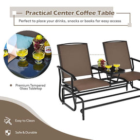 2-Person Outdoor Glider Bench with Center Table, Mesh Fabric Patio Double Rocking Loveseat Chair for Backyard, Poolside