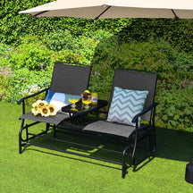 2-Person Outdoor Glider Bench with Center Table, Mesh Fabric Patio Double Rocking Loveseat Chair for Backyard, Poolside