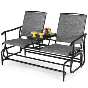 2-Person Outdoor Glider Bench with Center Table, Mesh Fabric Patio Double Rocking Loveseat Chair for Backyard, Poolside