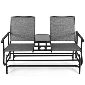 2-Person Outdoor Glider Bench with Center Table, Mesh Fabric Patio Double Rocking Loveseat Chair for Backyard, Poolside