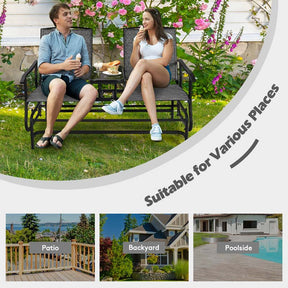 2-Person Outdoor Glider Bench with Center Table, Mesh Fabric Patio Double Rocking Loveseat Chair for Backyard, Poolside