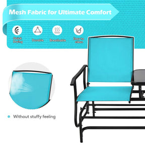 2-Person Outdoor Glider Bench with Center Table, Mesh Fabric Patio Double Rocking Loveseat Chair for Backyard, Poolside