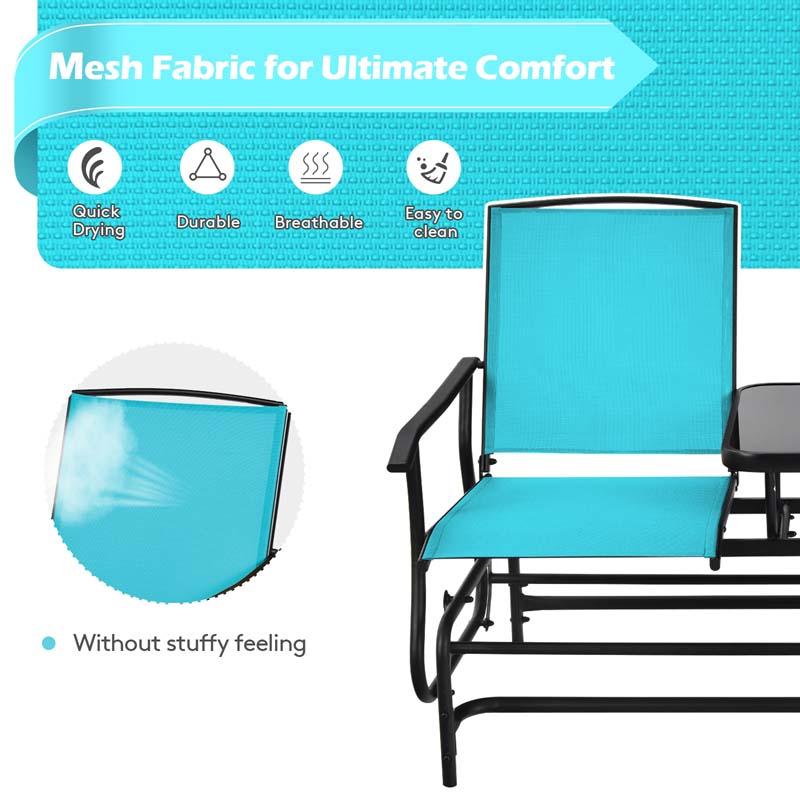 2-Person Outdoor Glider Bench with Center Table, Mesh Fabric Patio Double Rocking Loveseat Chair for Backyard, Poolside
