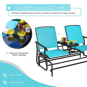 2-Person Outdoor Glider Bench with Center Table, Mesh Fabric Patio Double Rocking Loveseat Chair for Backyard, Poolside