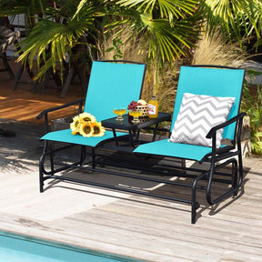 2-Person Outdoor Glider Bench with Center Table, Mesh Fabric Patio Double Rocking Loveseat Chair for Backyard, Poolside