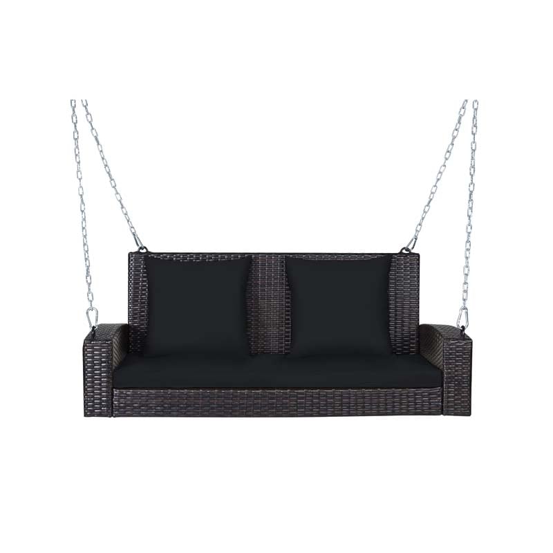 2-Person Rattan Wicker Hanging Porch Swing, Outdoor Patio Swing Bench with Cushions & Sturdy Steel Chains, 800lbs Capacity for Backyard