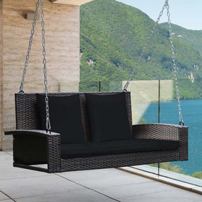 2-Person Rattan Wicker Hanging Porch Swing, Outdoor Patio Swing Bench with Cushions & Sturdy Steel Chains, 800lbs Capacity for Backyard
