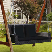 2-Person Rattan Wicker Hanging Porch Swing, Outdoor Patio Swing Bench with Cushions & Sturdy Steel Chains, 800lbs Capacity for Backyard