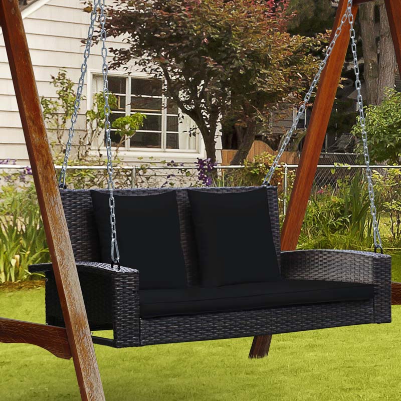 2-Person Rattan Wicker Hanging Porch Swing, Outdoor Patio Swing Bench with Cushions & Sturdy Steel Chains, 800lbs Capacity for Backyard
