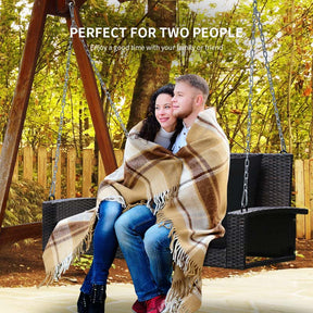 2-Person Rattan Wicker Hanging Porch Swing, Outdoor Patio Swing Bench with Cushions & Sturdy Steel Chains, 800lbs Capacity for Backyard
