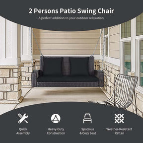 2-Person Rattan Wicker Hanging Porch Swing, Outdoor Patio Swing Bench with Cushions & Sturdy Steel Chains, 800lbs Capacity for Backyard