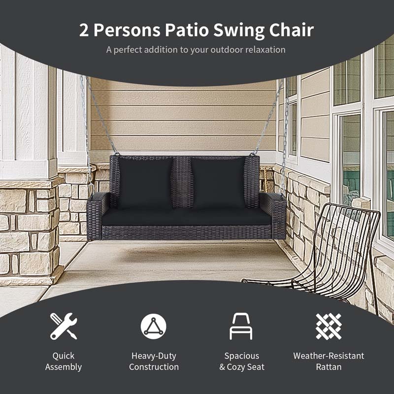 2-Person Rattan Wicker Hanging Porch Swing, Outdoor Patio Swing Bench with Cushions & Sturdy Steel Chains, 800lbs Capacity for Backyard