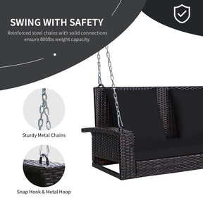 2-Person Rattan Wicker Hanging Porch Swing, Outdoor Patio Swing Bench with Cushions & Sturdy Steel Chains, 800lbs Capacity for Backyard