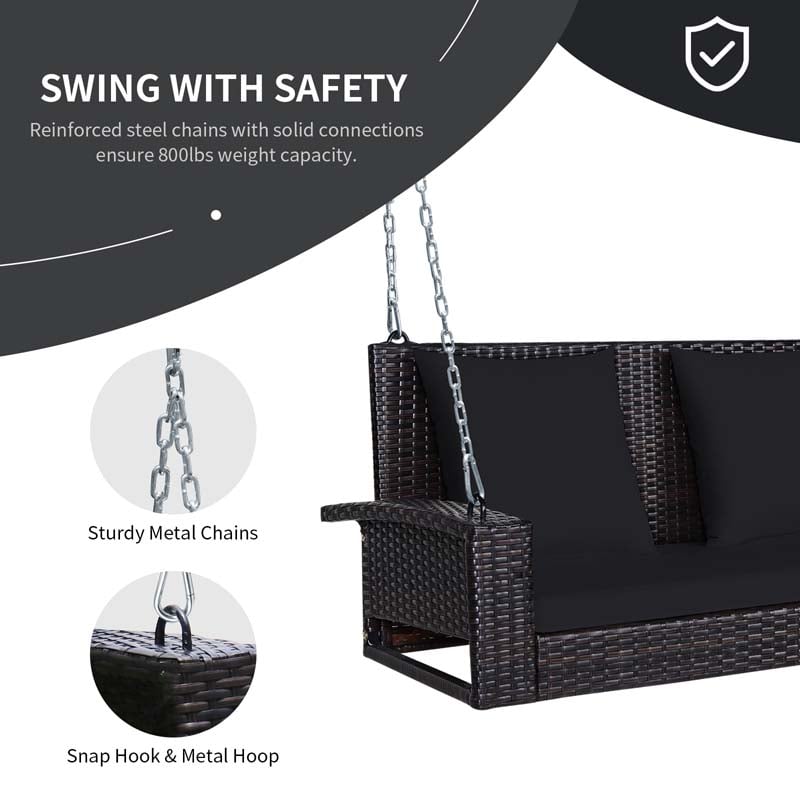 2-Person Rattan Wicker Hanging Porch Swing, Outdoor Patio Swing Bench with Cushions & Sturdy Steel Chains, 800lbs Capacity for Backyard