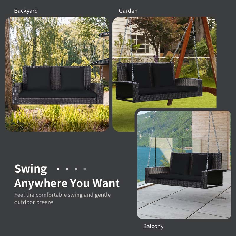2-Person Rattan Wicker Hanging Porch Swing, Outdoor Patio Swing Bench with Cushions & Sturdy Steel Chains, 800lbs Capacity for Backyard